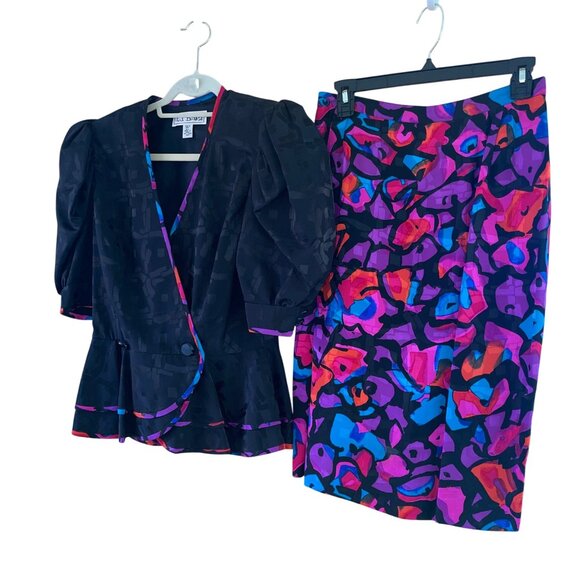 A J Bari Vintage Womens Skirt Suit Jacket Size 12 Black Balloon Sleeve Peplum - Picture 7 of 16